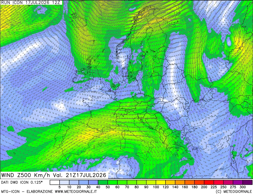 mappa 500 hPa Vento forza e direzione