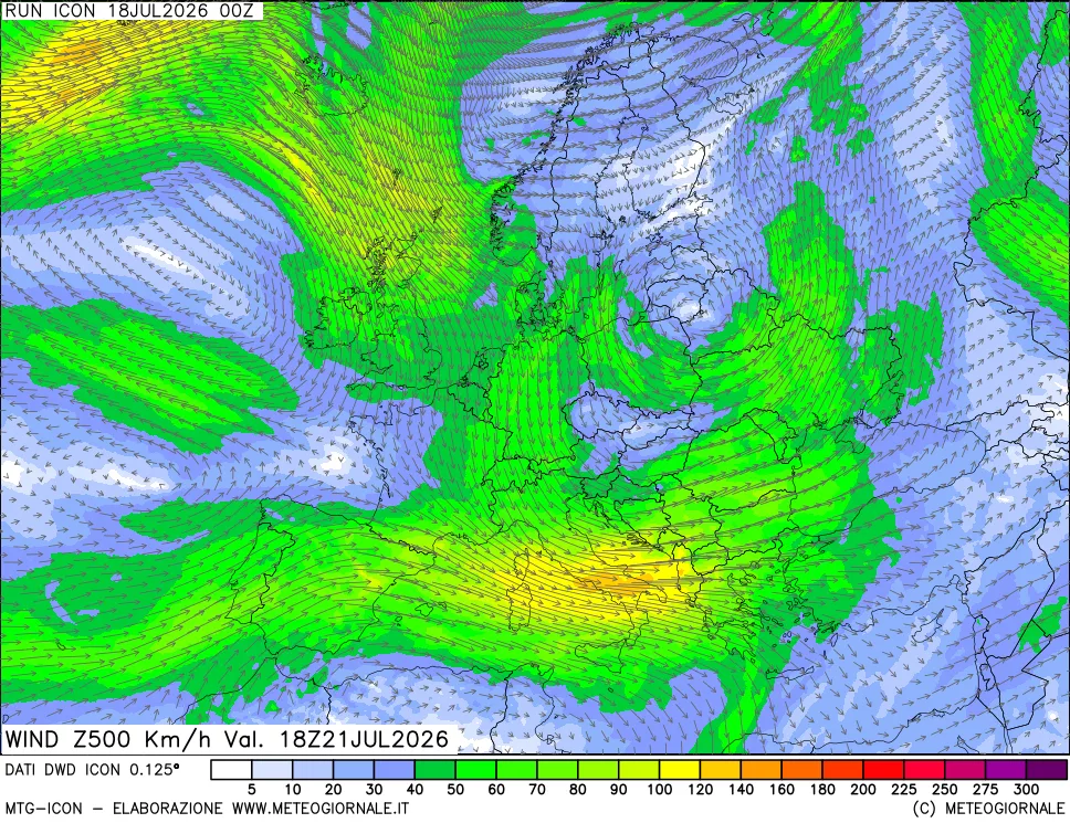 mappa 500 hPa Vento forza e direzione