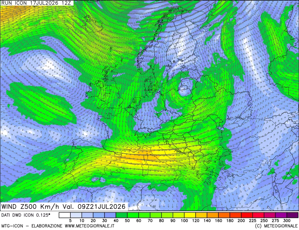 mappa 500 hPa Vento forza e direzione