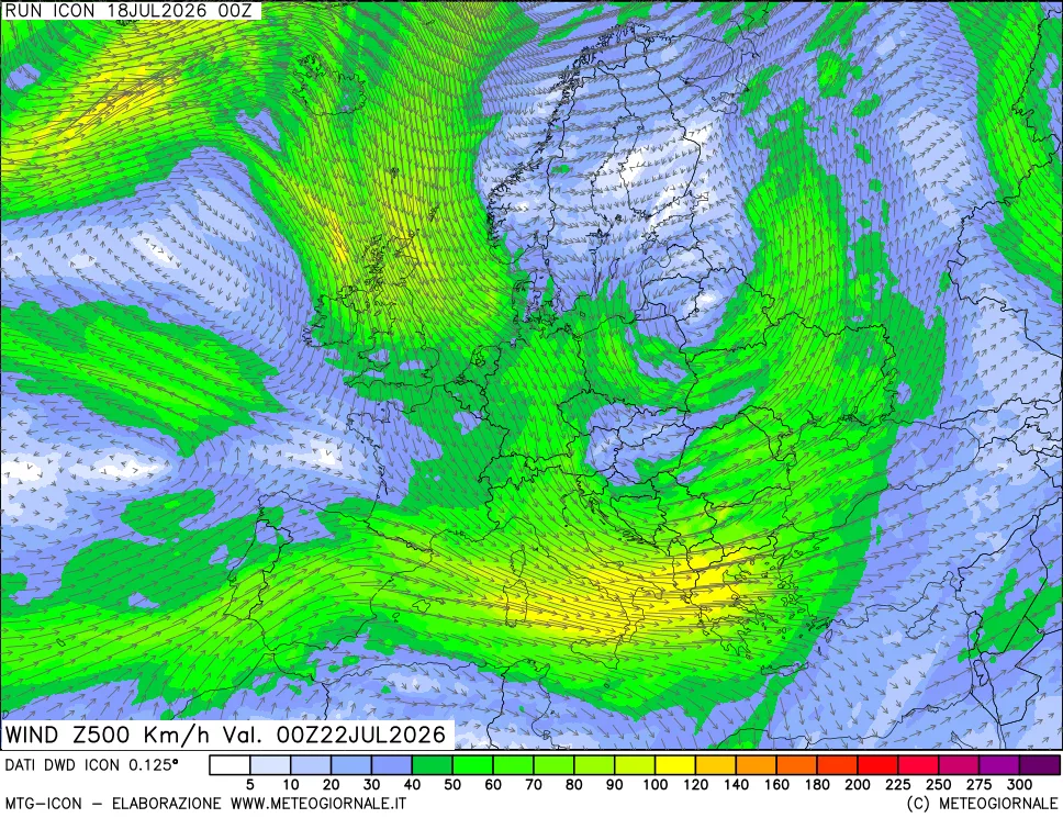 mappa 500 hPa Vento forza e direzione