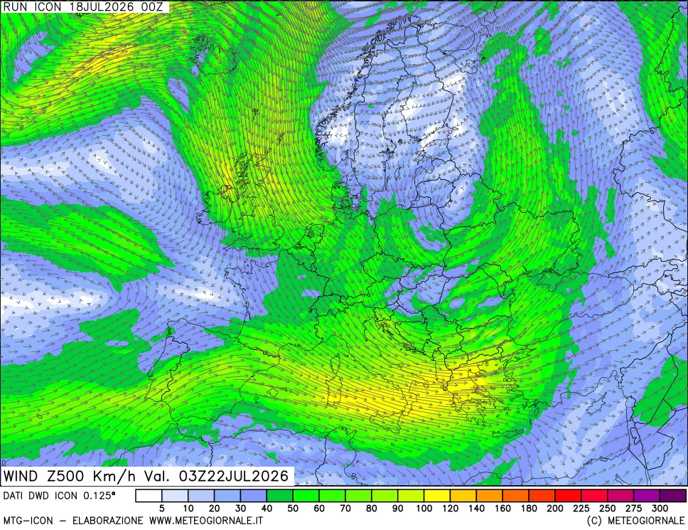 mappa 500 hPa Vento forza e direzione