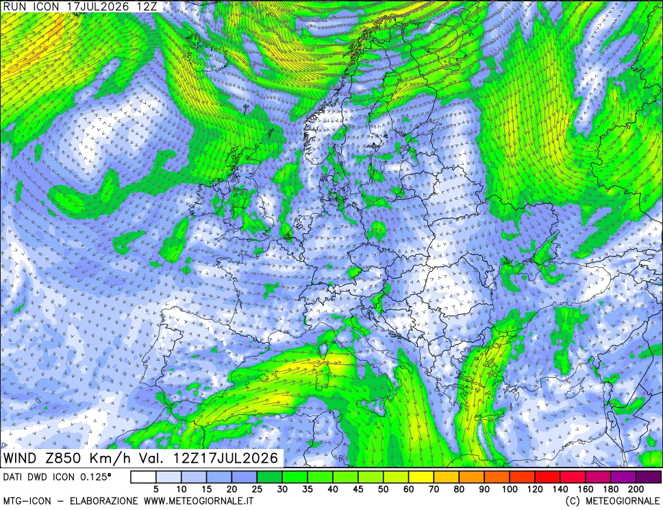 mappa 850 hPa Vento forza e direzione