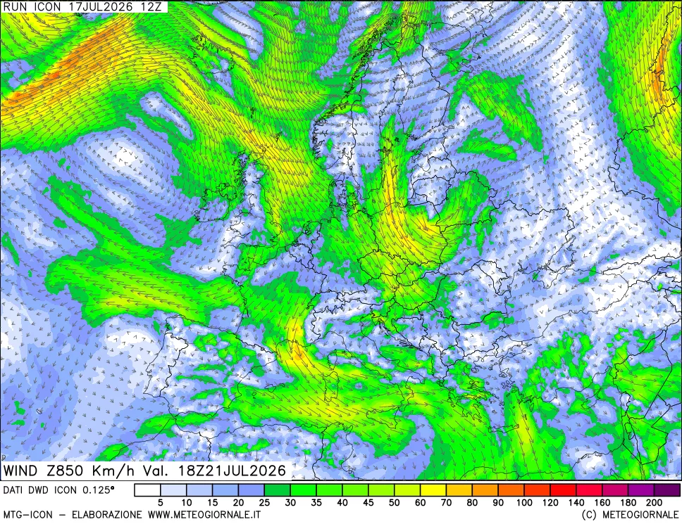 mappa 850 hPa Vento forza e direzione