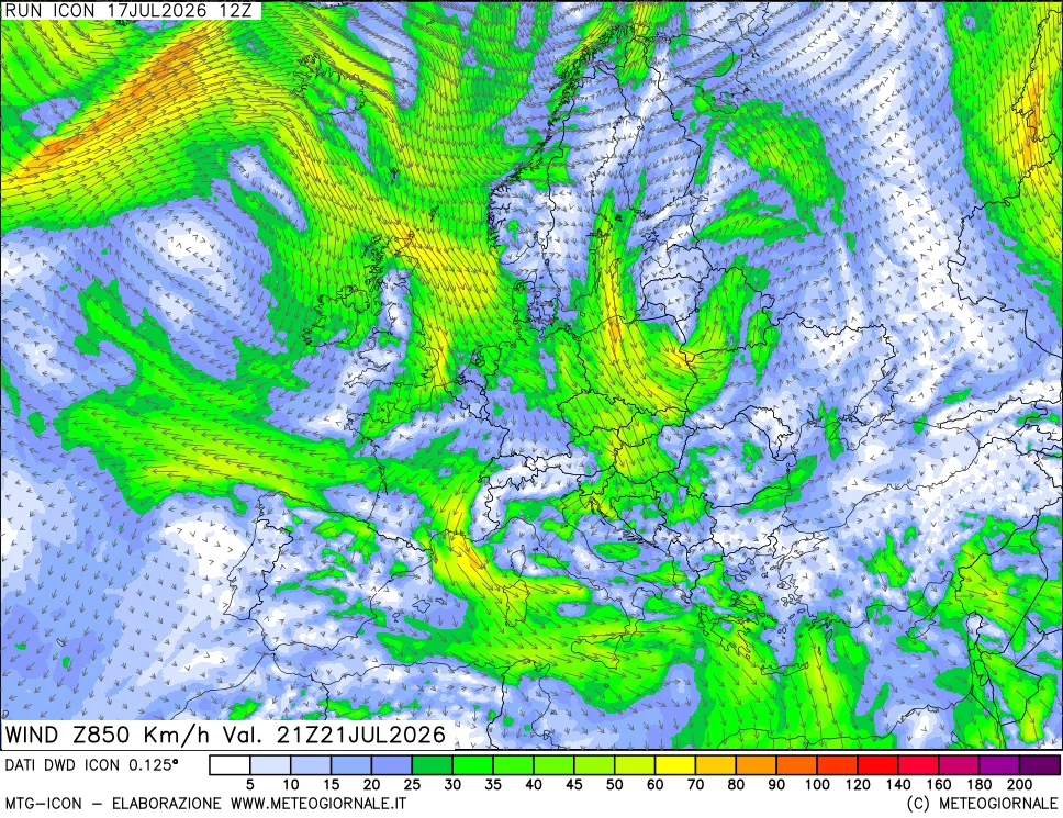 mappa 850 hPa Vento forza e direzione