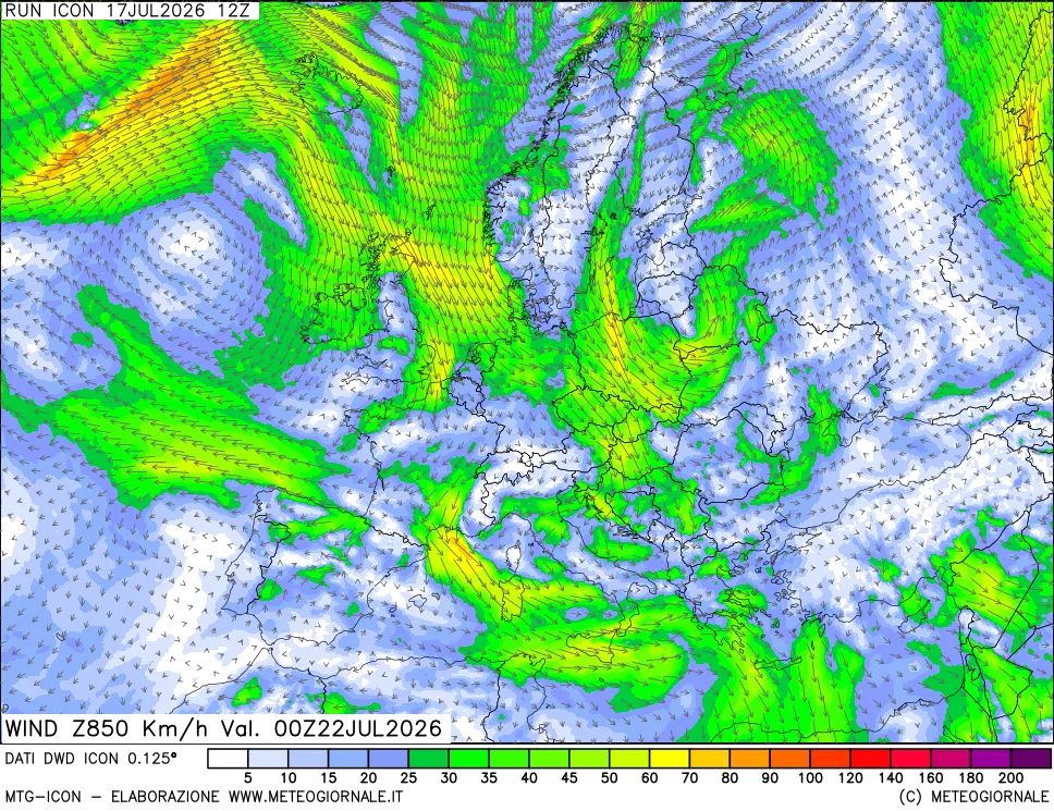 mappa 850 hPa Vento forza e direzione