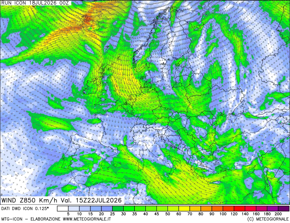 mappa 850 hPa Vento forza e direzione