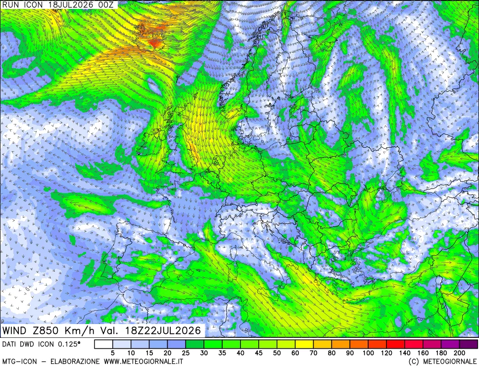 mappa 850 hPa Vento forza e direzione