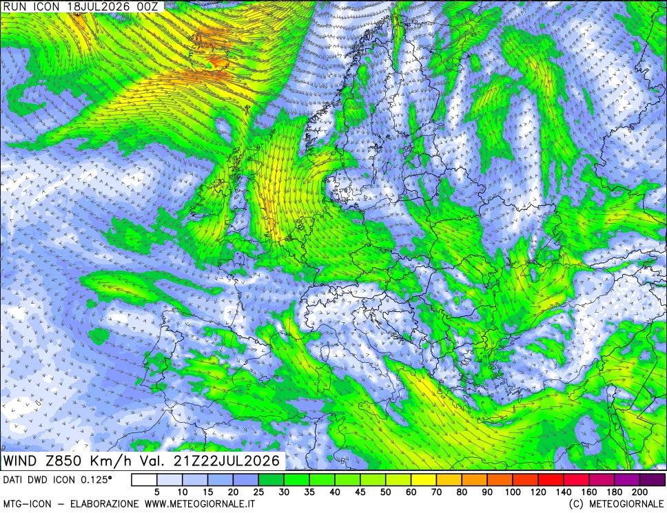 mappa 850 hPa Vento forza e direzione