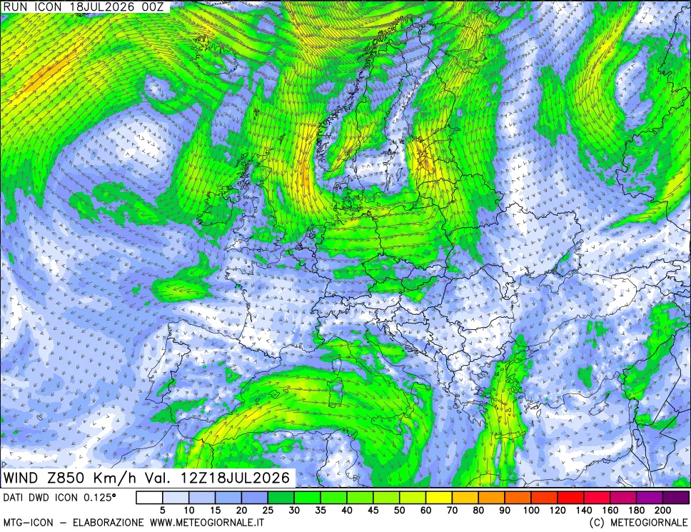 mappa 850 hPa Vento forza e direzione