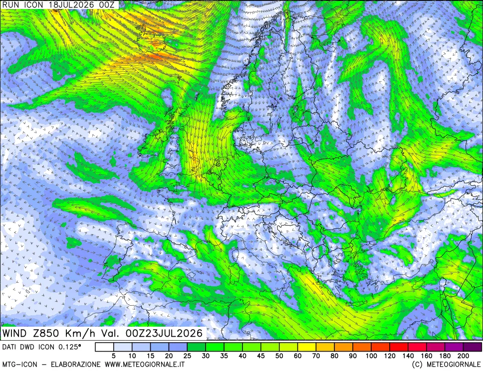 mappa 850 hPa Vento forza e direzione