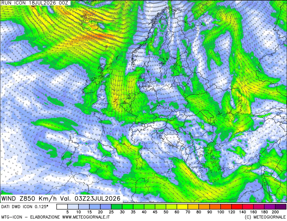 mappa 850 hPa Vento forza e direzione