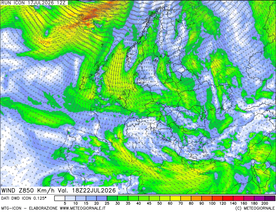 mappa 850 hPa Vento forza e direzione