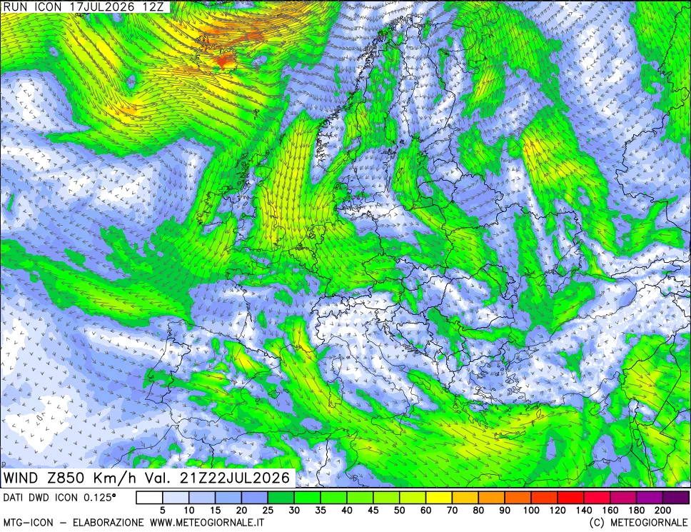 mappa 850 hPa Vento forza e direzione