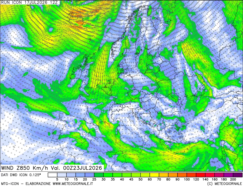 mappa 850 hPa Vento forza e direzione