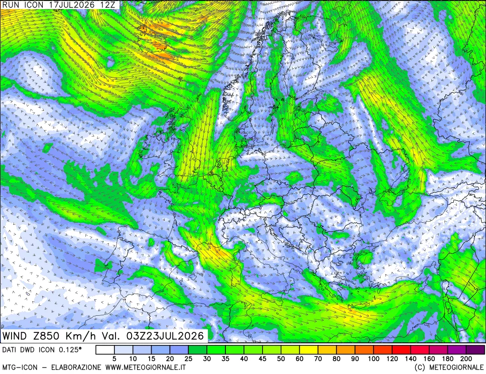 mappa 850 hPa Vento forza e direzione