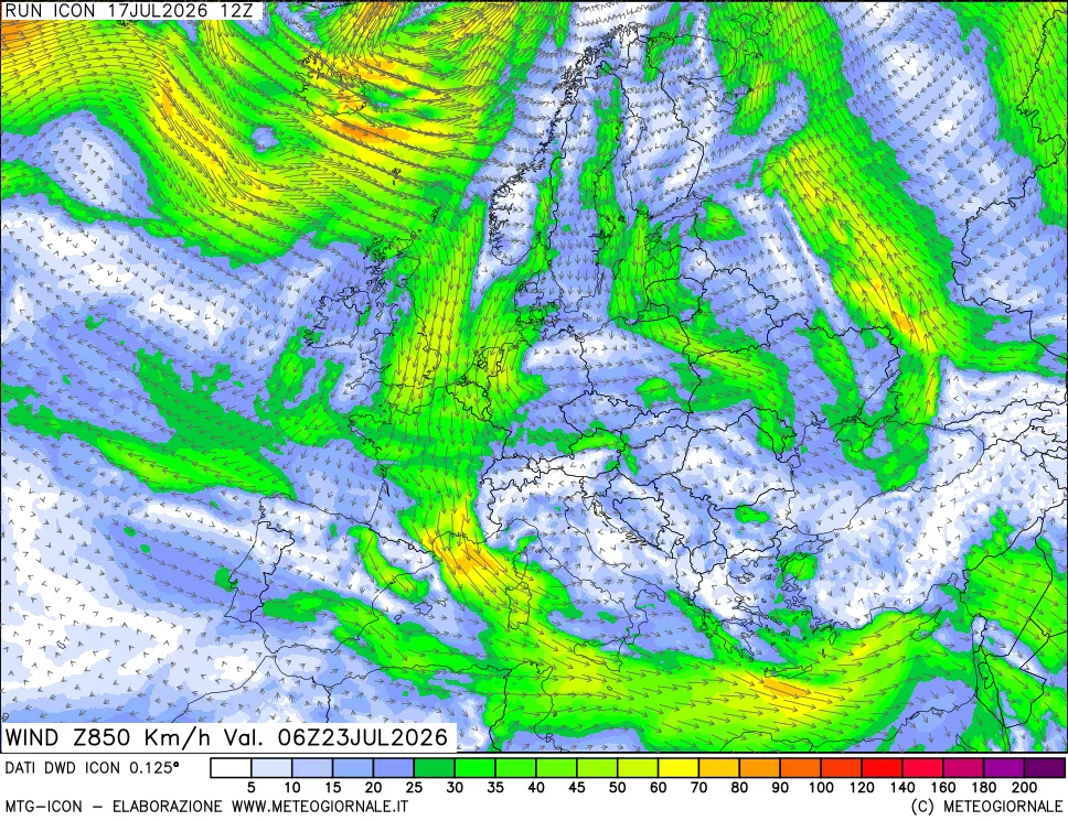 mappa 850 hPa Vento forza e direzione
