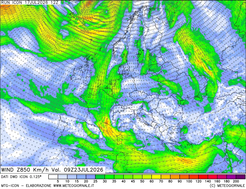 mappa 850 hPa Vento forza e direzione