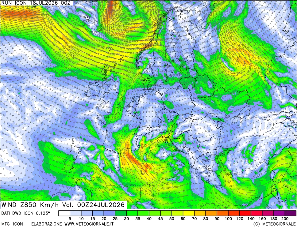 mappa 850 hPa Vento forza e direzione