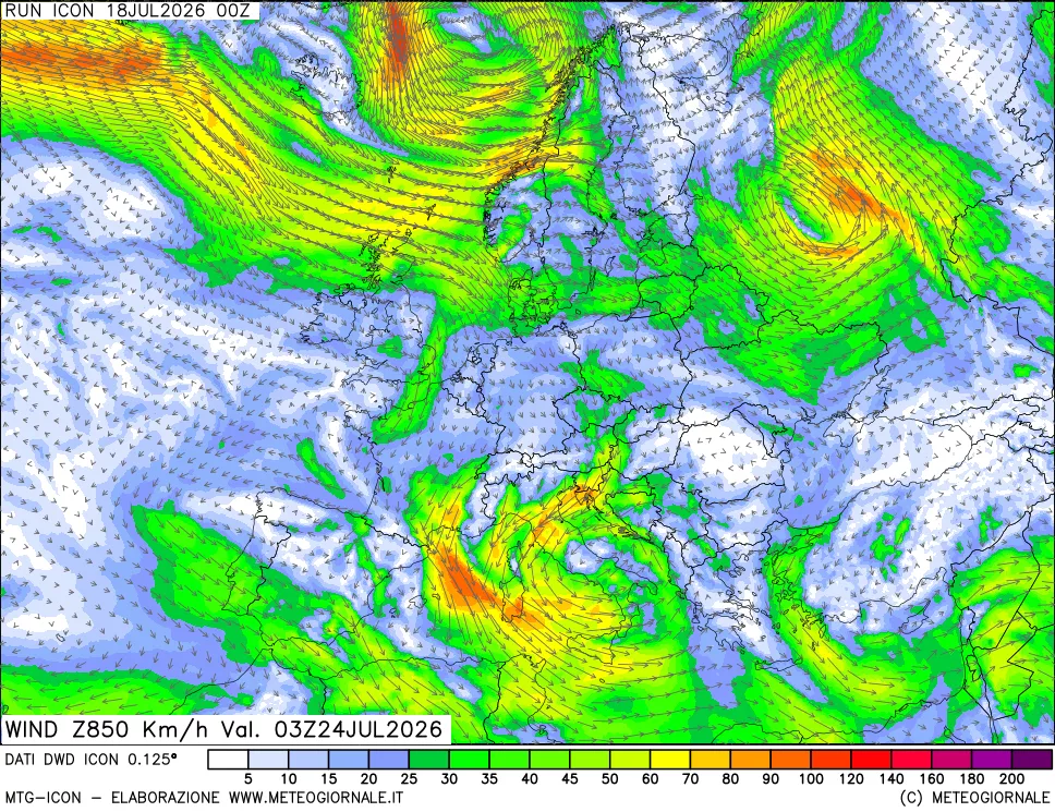 mappa 850 hPa Vento forza e direzione