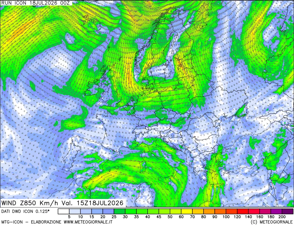 mappa 850 hPa Vento forza e direzione
