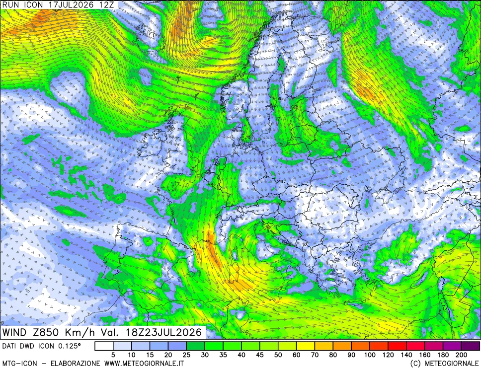 mappa 850 hPa Vento forza e direzione