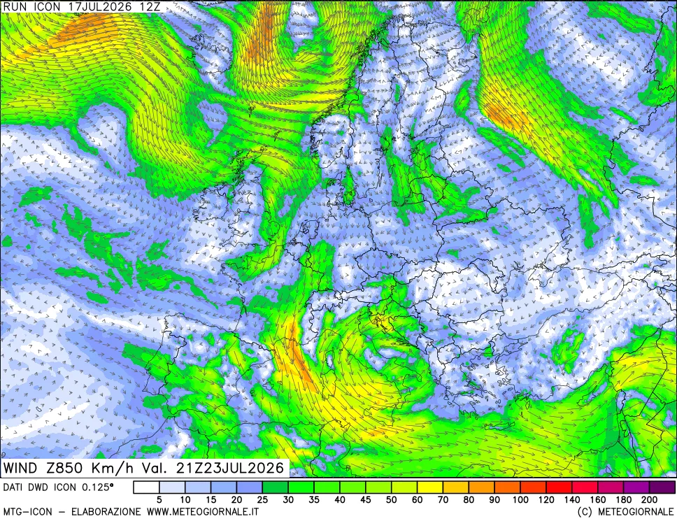 mappa 850 hPa Vento forza e direzione