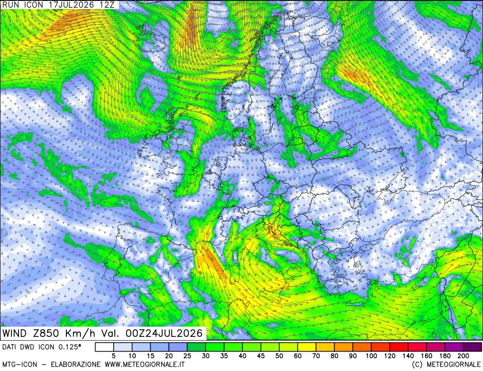 mappa 850 hPa Vento forza e direzione