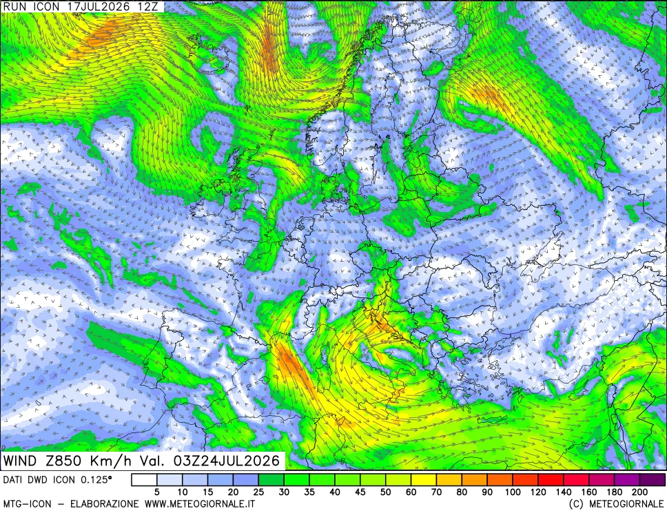 mappa 850 hPa Vento forza e direzione