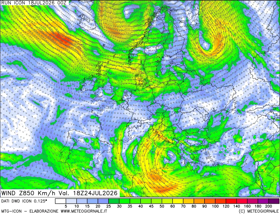 mappa 850 hPa Vento forza e direzione