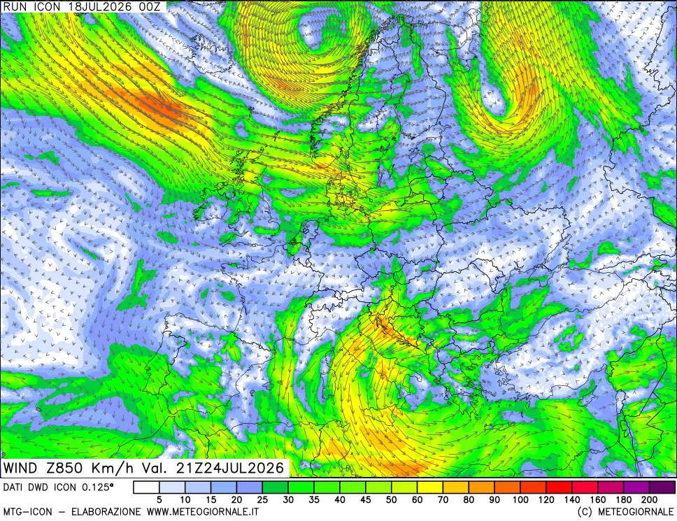 mappa 850 hPa Vento forza e direzione