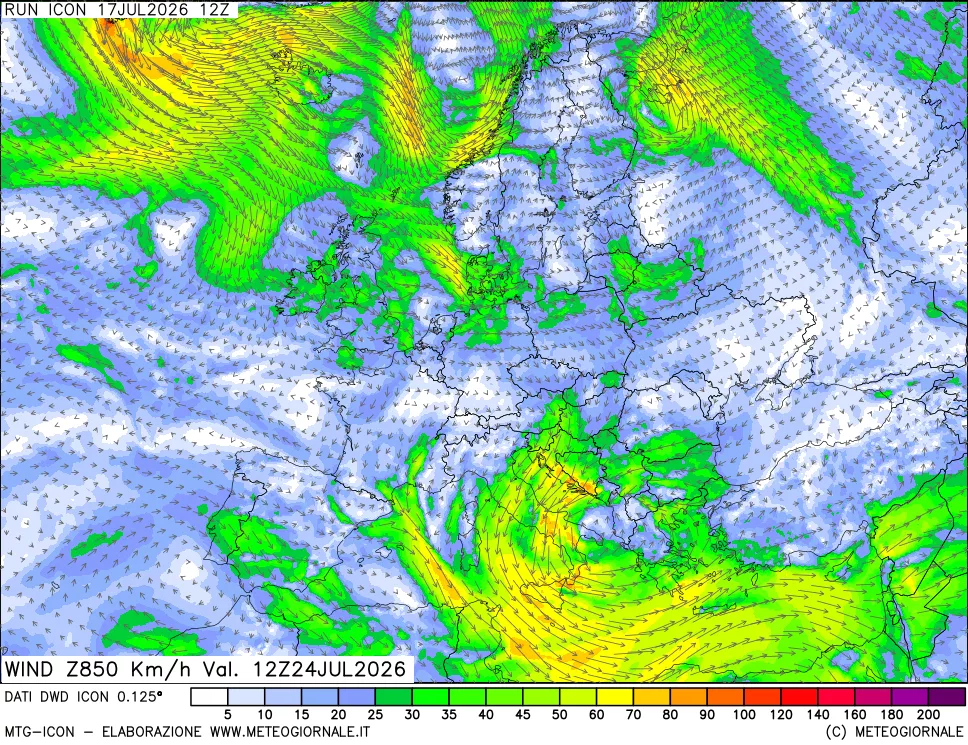 mappa 850 hPa Vento forza e direzione