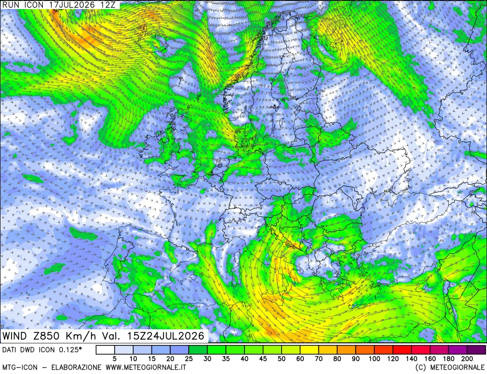 mappa 850 hPa Vento forza e direzione