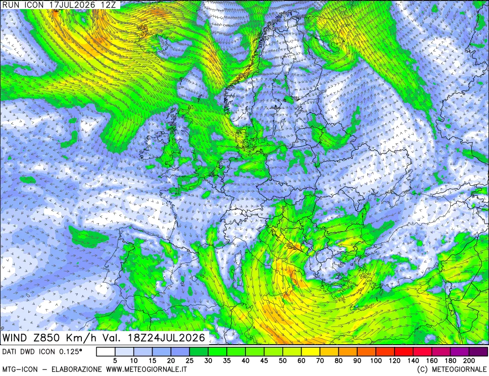 mappa 850 hPa Vento forza e direzione