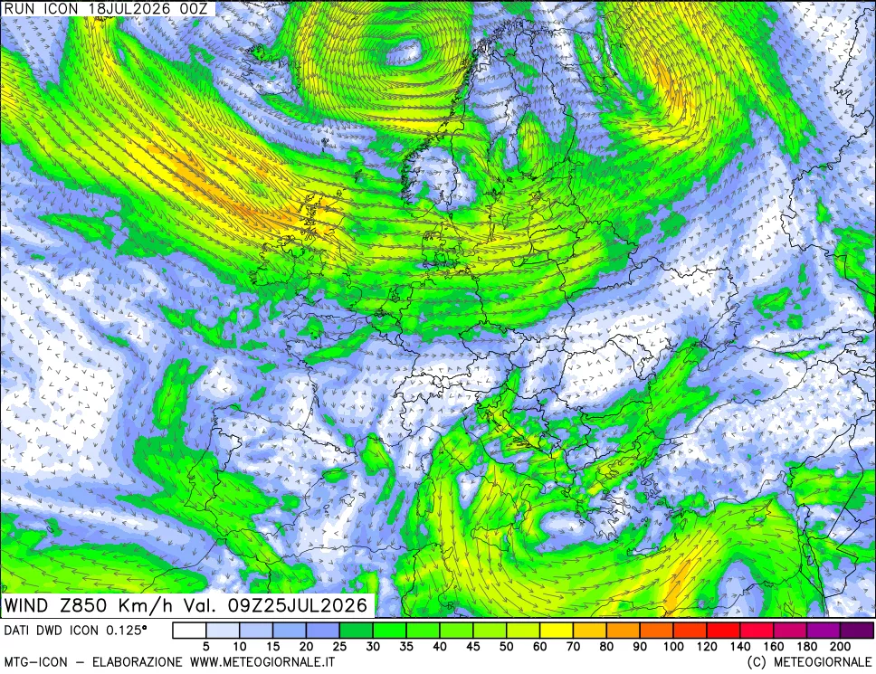 mappa 850 hPa Vento forza e direzione