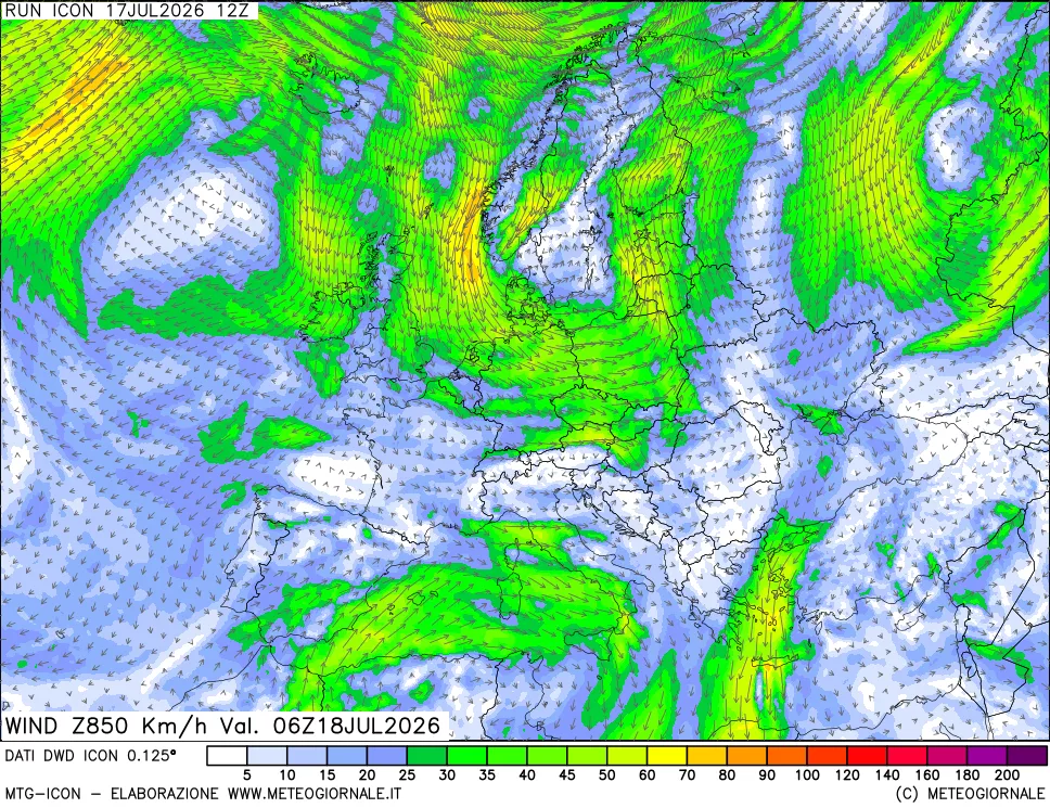 mappa 850 hPa Vento forza e direzione
