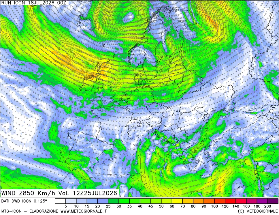 mappa 850 hPa Vento forza e direzione