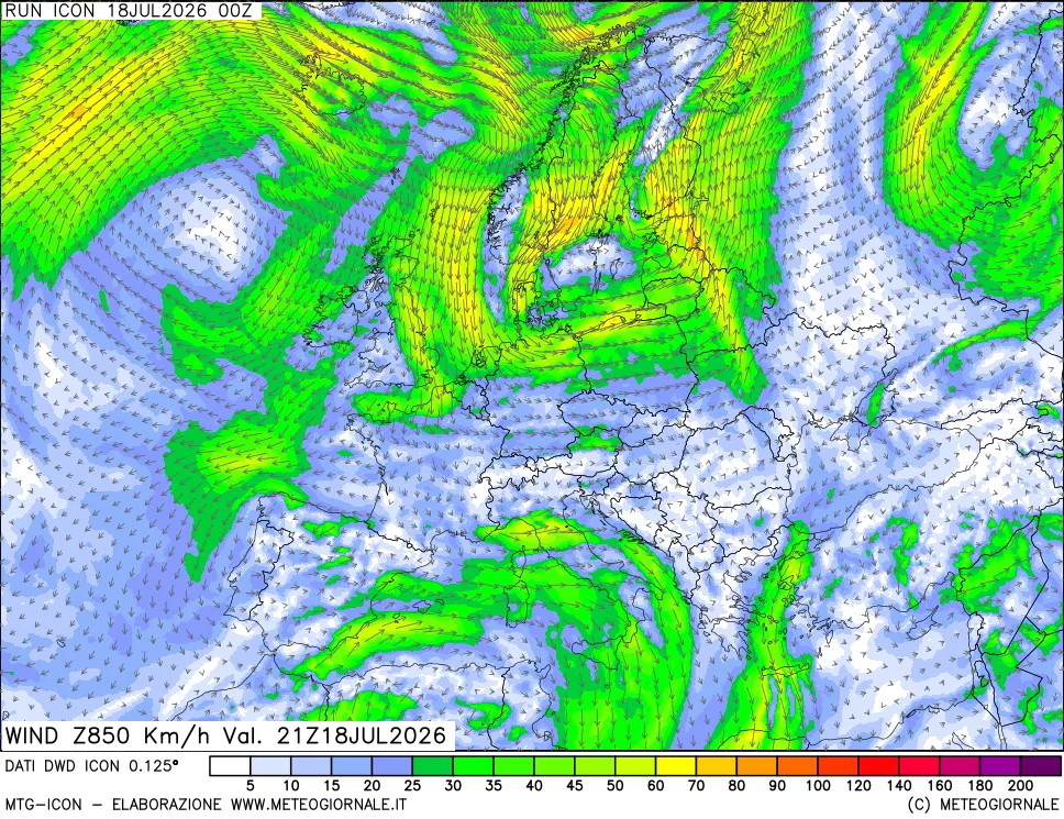 mappa 850 hPa Vento forza e direzione