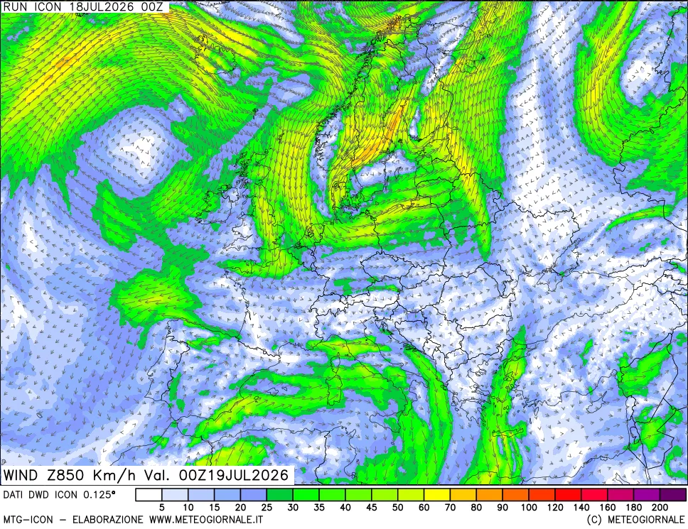 mappa 850 hPa Vento forza e direzione