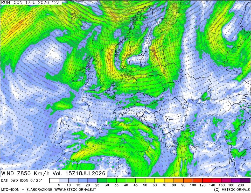 mappa 850 hPa Vento forza e direzione