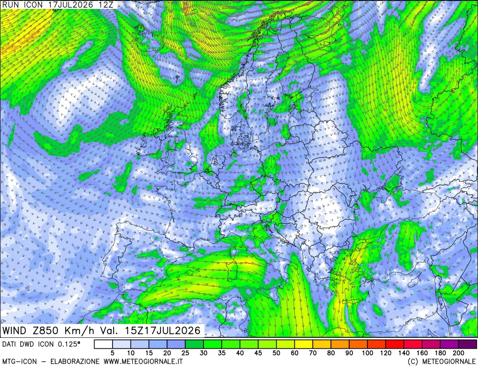 mappa 850 hPa Vento forza e direzione