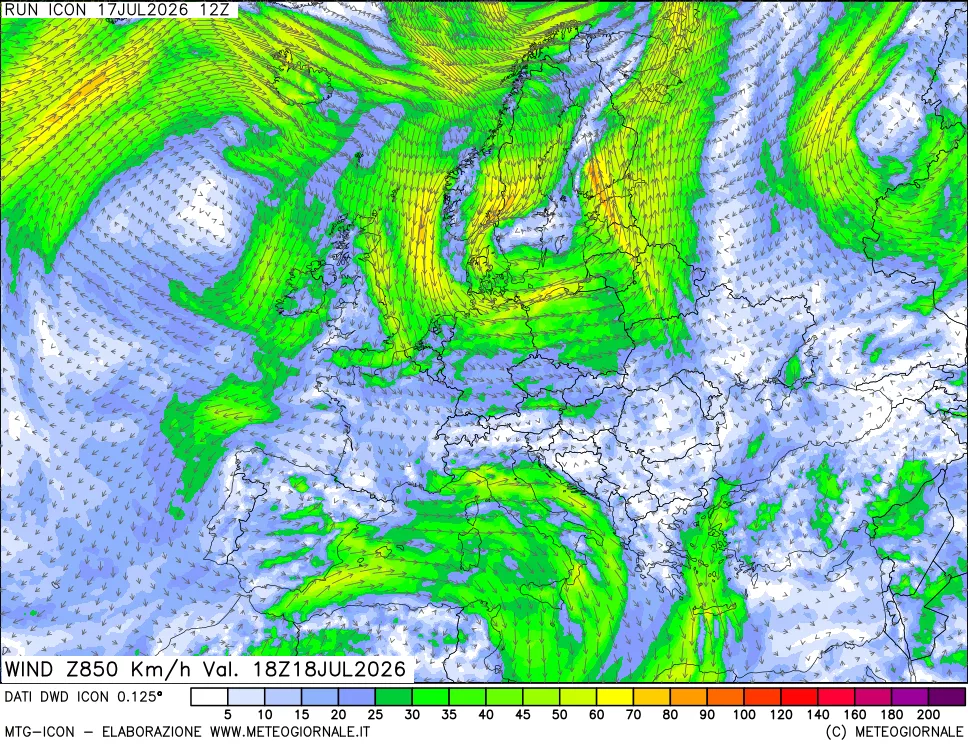 mappa 850 hPa Vento forza e direzione