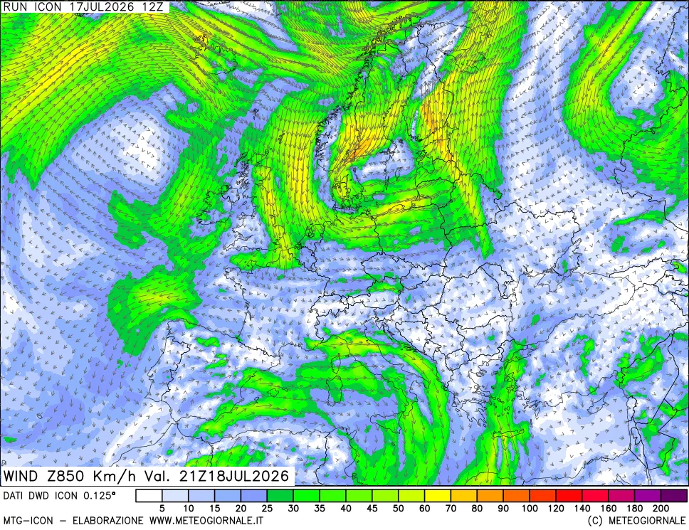 mappa 850 hPa Vento forza e direzione