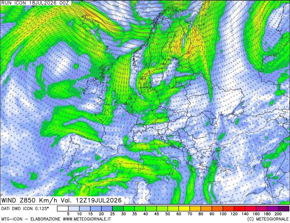 mappa 850 hPa Vento forza e direzione