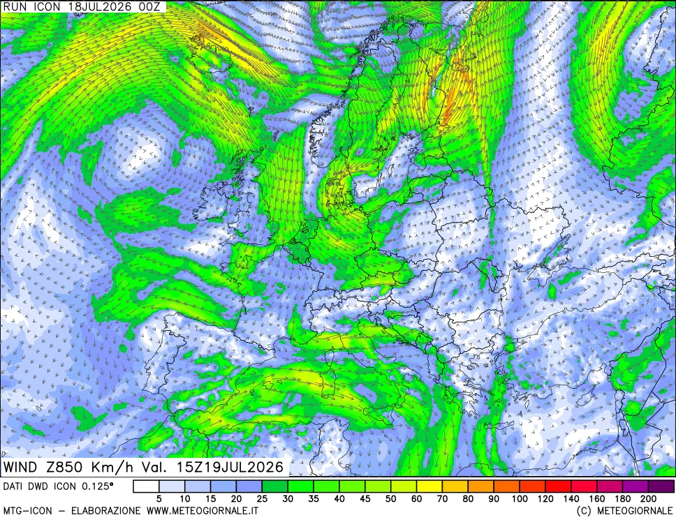 mappa 850 hPa Vento forza e direzione
