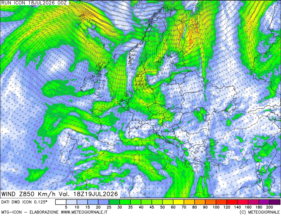 mappa 850 hPa Vento forza e direzione