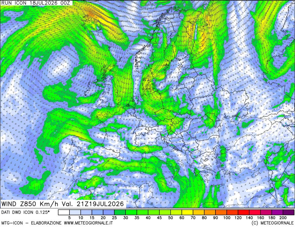 mappa 850 hPa Vento forza e direzione