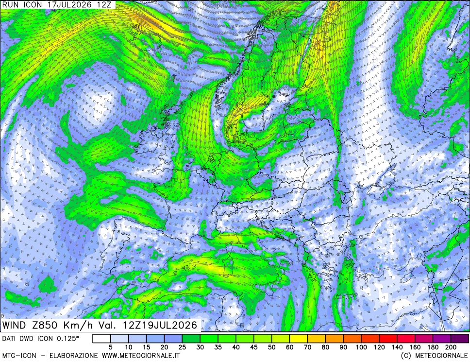mappa 850 hPa Vento forza e direzione