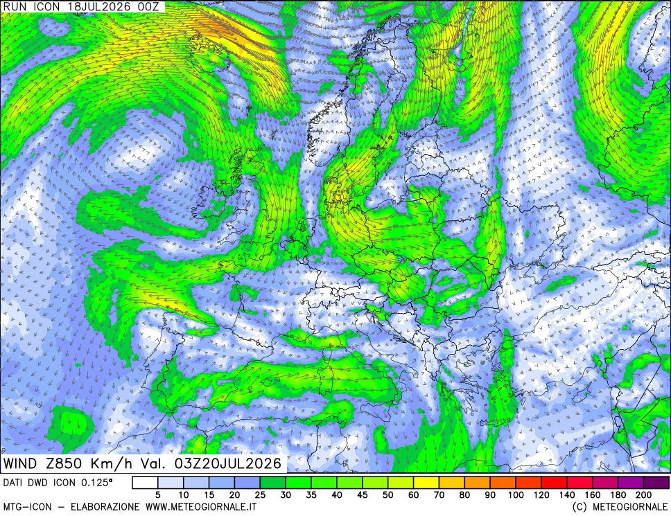 mappa 850 hPa Vento forza e direzione