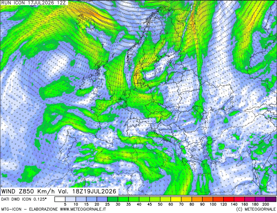 mappa 850 hPa Vento forza e direzione