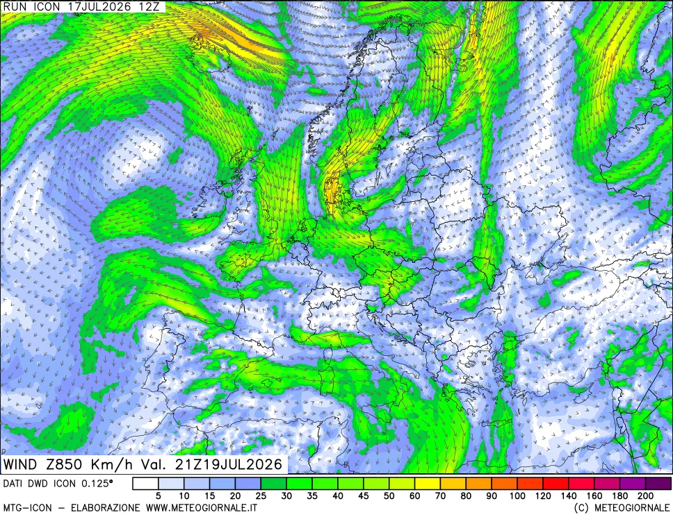 mappa 850 hPa Vento forza e direzione